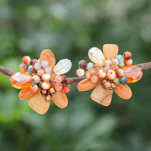 Quartz and Cultured Pearl Cluster Clip-On Earrings 'Solaris in Orange'