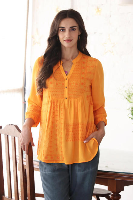 Embroidered Orange Viscose Button Front Tunic from India 'Enchanted Garden Marigold'