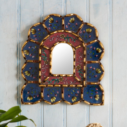 Wood and Painted Glass Accent Mirror 'Cusco Altar in Periwinkle'