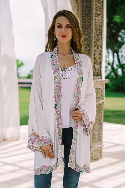 Embroidered Cotton Kimono Jacket from Bali 'Lily Blossom in White'