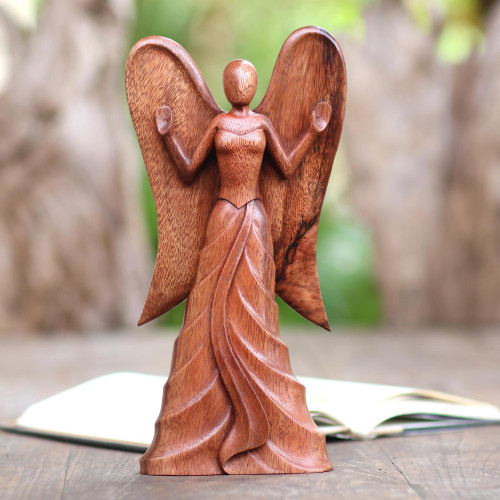 Hand Carved Suar Wood Angel Statuette 'Angel in Heaven'