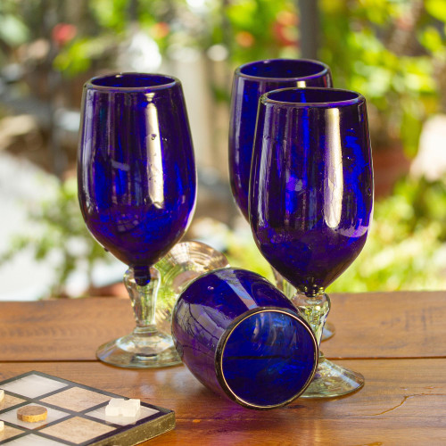 Hand Blown Glass Goblets Set of 6 Cobalt Blue Mexico 'Night Sky'