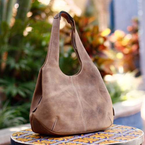 Women's Leather Hobo Handbag from Mexico 'Urban Caramel'