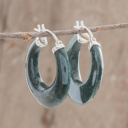 Green Jade and Sterling Silver Hoop Earrings from Guatemala 'Woodland Spirit'