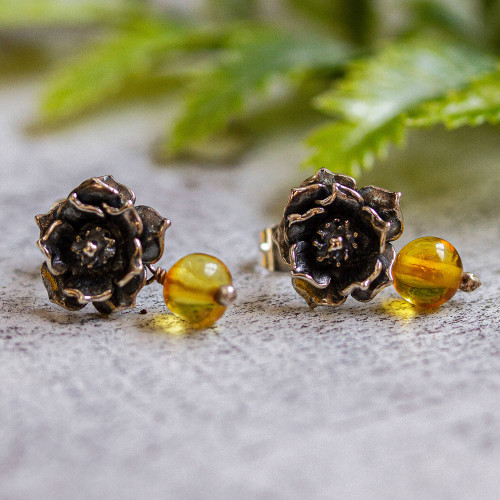 Cacti Flower Amber Drop Earrings from Mexico 'Golden Desert'