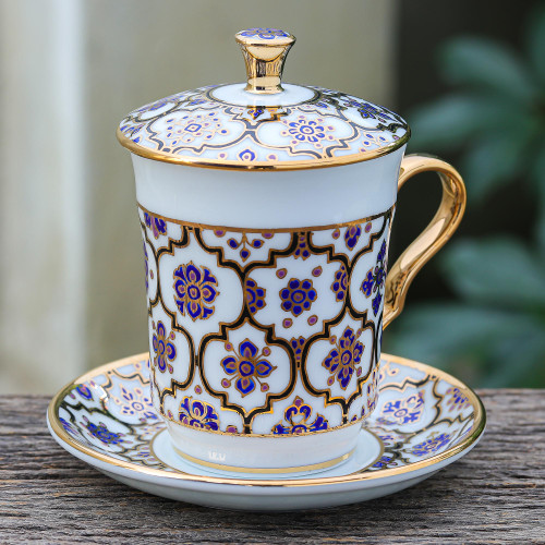 Benjarong Porcelain Cup and Saucer Set 'Blue Celebration'