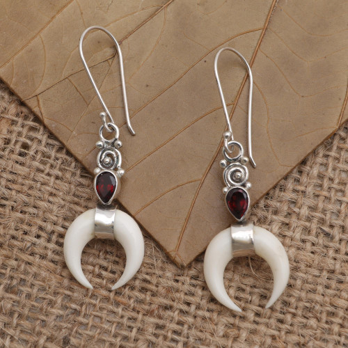 Hand Made Bone and Garnet Dangle Earrings 'Blood Red Moon'