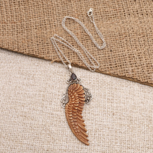 Bone and Garnet Angel Wing Pendant Necklace 'Angelic Song'