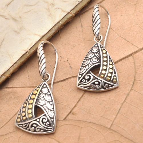 Handmade Gold-Accented Sterling Silver Dangle Earrings 'Rising Pyramid'