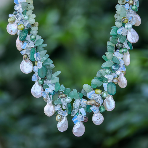 Rainbow Moonstone and Cultured Pearl Waterfall Necklace 'Underwater Kiss'