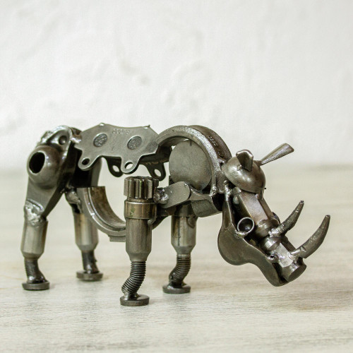 Recycled Auto Part Small Baby Rhino Sculpture from Mexico 'Rustic Baby Rhino'