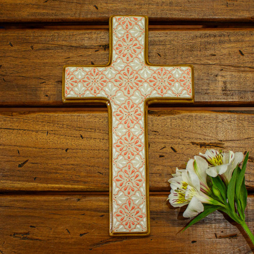 Hand-Painted Ceramic Cross from Mexico 'Faith in Coral'