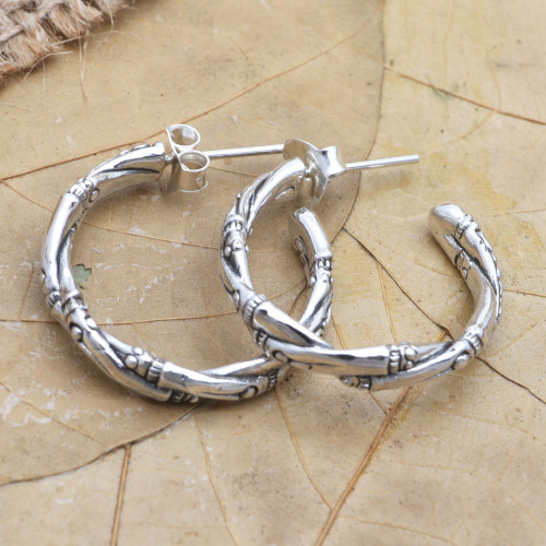 Handmade Sterling Silver Half-Hoop Earrings 'Bamboo for You'