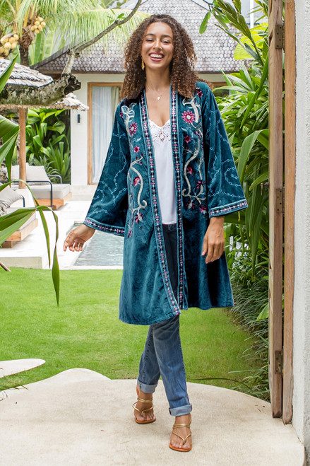 Embroidered Long Blue Cotton Velvet Open Front Jacket 'Embroidered Chic'