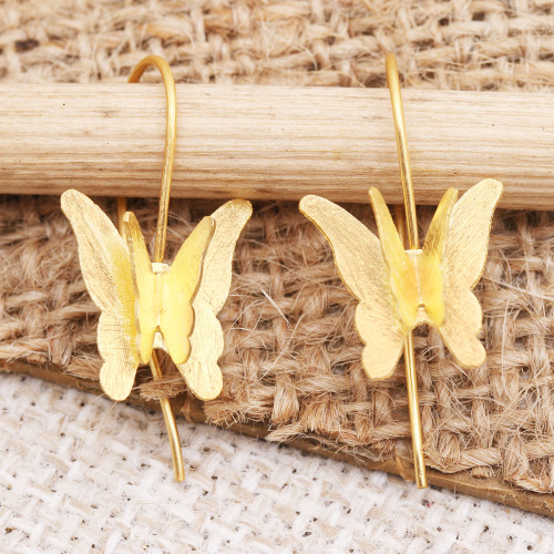 Gold-Plated Butterfly-Motif Drop Earrings 'Shimmering Butterfly'