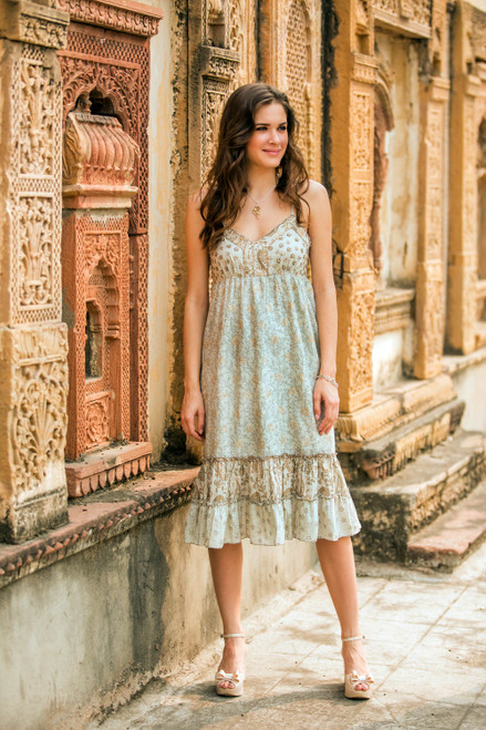 Women's Cotton Floral Sundress with Beaded Accents 'Summer in Jaipur'