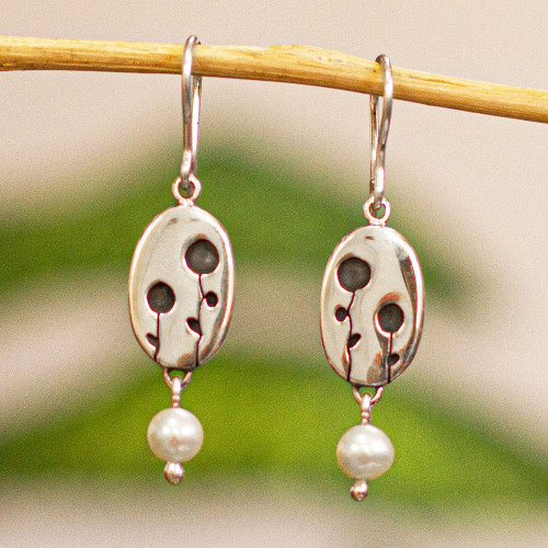 Taxco Silver and Cultured Pearl Dangle Earrings from Mexico 'Miracle Pearls'