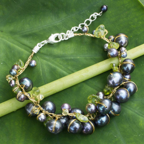 Hand Made Peridot and Pearl Bracelet from Thailand 'Mist Queen'