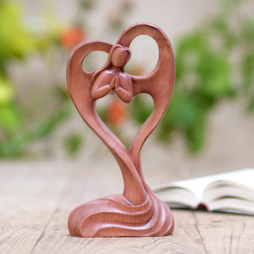 Hand Made Suar Wood Heart Sculpture 'Blessings on You'