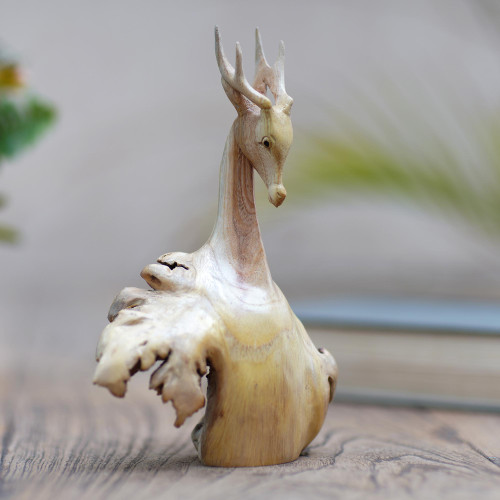 Hand Carved Benalu Wood Deer Statuette 'Menjangan'