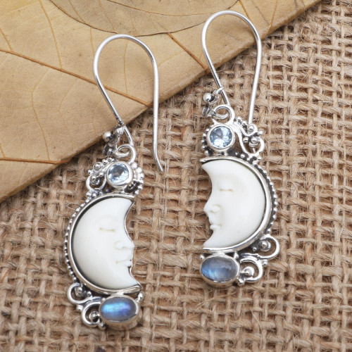 Hand Crafted Blue Topaz and Rainbow Moonstone Earrings 'Blue Light'