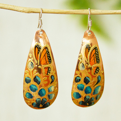 Reclaimed Copper Butterfly and Flower Earrings from Mexico 'Butterfly Lilies'