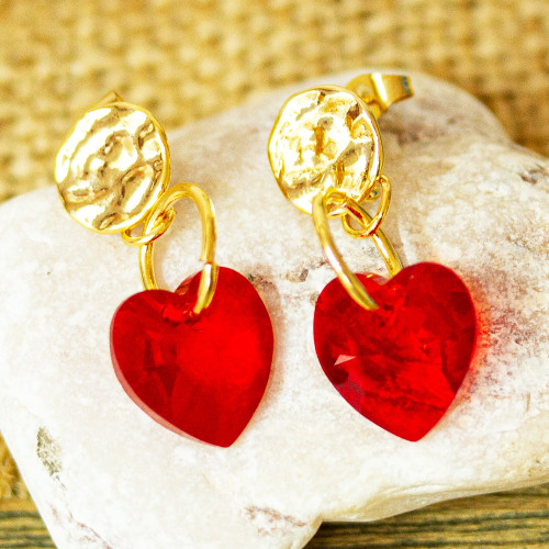 Swarovski Crystal Gold Plated Red Heart Earrings from Mexico 'Deep Love'