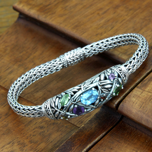 Blue topaz and peridot braided bracelet 'Bamboo Blossoms'
