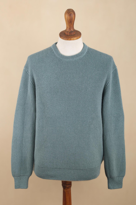 Polyester and Baby Alpaca Men's Pullover in Light Azure 'Robin's Egg'