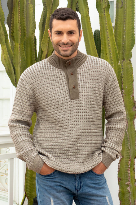 Men's Pullover Sweater in Polyester and Baby Alpaca 'Reclaimed Chic'