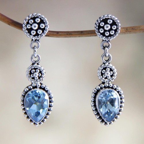 Blue Topaz and Sterling Silver Dangle Earrings 'Balinese Jackfruit'