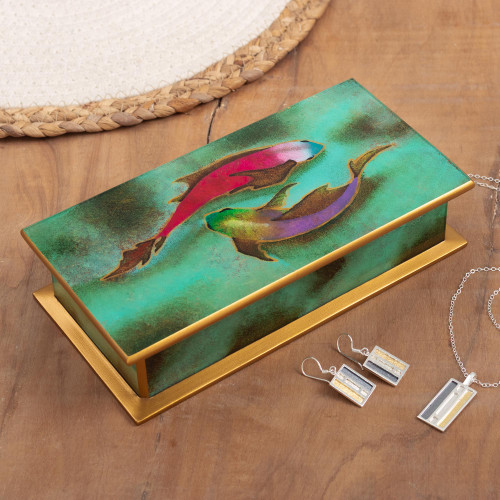 Hand Painted Glass and Wood Decorative Box 'Ocean Harmony in Green'