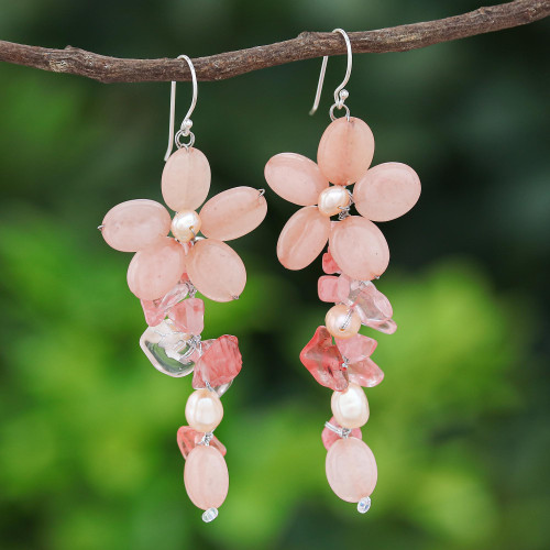 Pink Quartz and Cultured Pearl Floral Earrings 'Petal Passion in Pink'