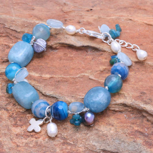 Aquamarine and Cultured Pearl Beaded Charm Bracelet 'Blue Hawaii'