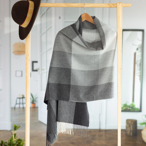 Super Soft Grey Plaid Alpaca Wool Patterned Scarf 'Gray Squared'