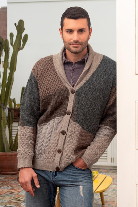 Men's 100 Alpaca Multicolored Sweater in Earth Tones 'Andes Patchwork'