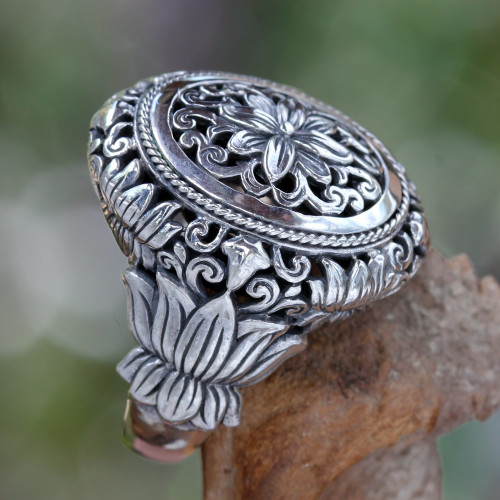 Hand Made Floral Sterling Silver Cocktail Ring 'Precious Lotus'