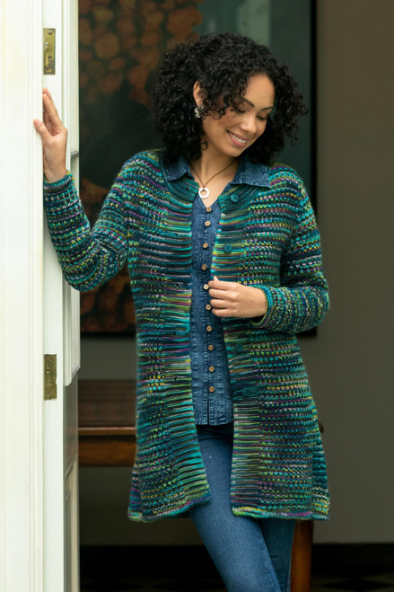 Multi-Hued Blue Button Down Cardigan Sweater from Peru 'Teal Fiesta'