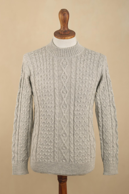 Men's 100 Alpaca Pullover Sweater With Braid Pattern 'Grey Braids'