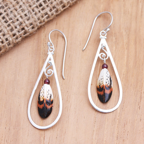 Sterling Silver and Garnet Dangle Earrings 'Feather in Your Cap'