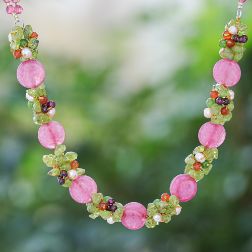 Beaded Quartz Multigem Necklace from Thailand 'Peony Romance'