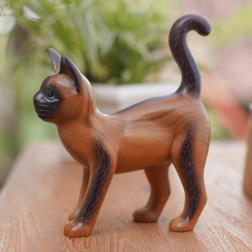 Hand Made Suar Wood Cat Statuette 'Looking for Friends'