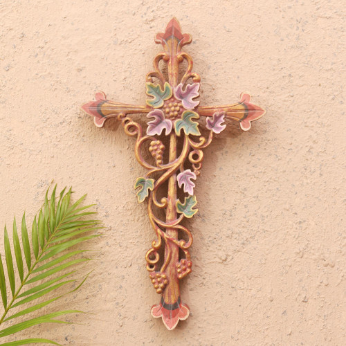 Hand Crafted Suar Wood Cross Relief Panel 'Vine Forest'