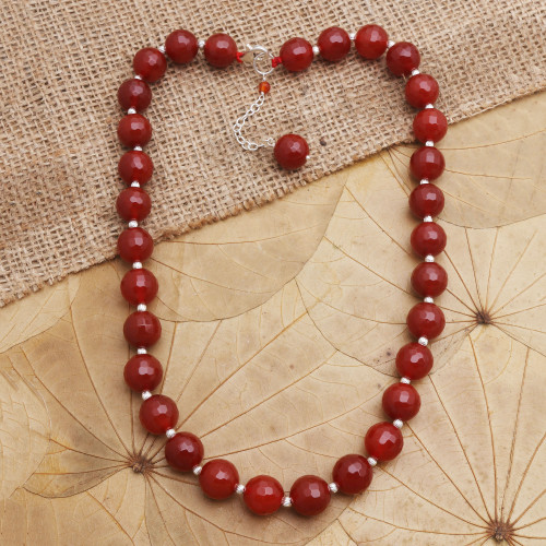 Sterling Silver and Red Agate Beaded Necklace 'Evening Cocktail in Red'