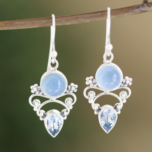 Chalcedony and Blue Topaz Dangle Earrings from India 'Glacial'