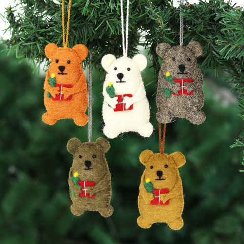 Wool Felt Bear Ornaments Set of 5 'Bearing Gifts'