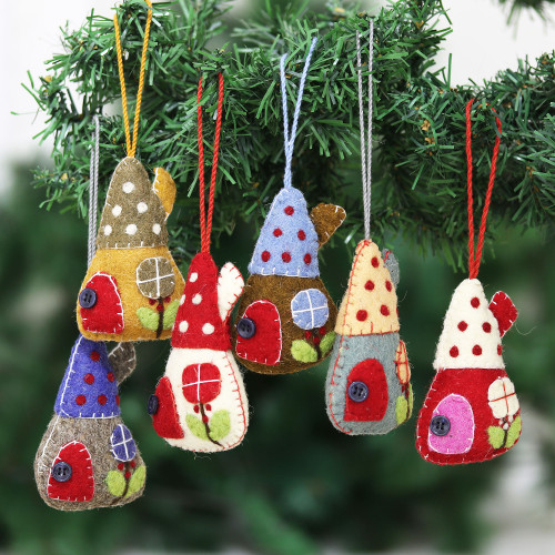 Whimsical Felt House Ornaments Set of 6 'Holiday Homes'