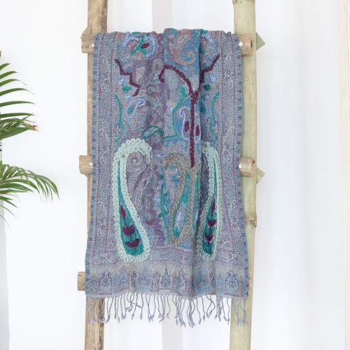 Hand-Embroidered Wool Shawl with Paisley Motif 'Icy Paisley'