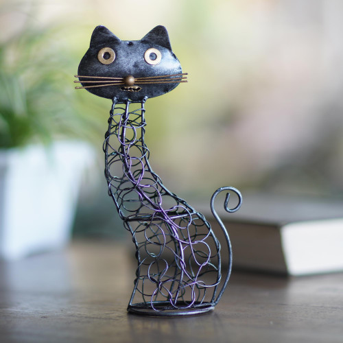 Wrought Iron Black Cat-Themed Statuette 'Slinky Cat'