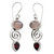 Silver Dangle Earrings with Rose Quartz and Garnet Stones 'Romantic Journey'